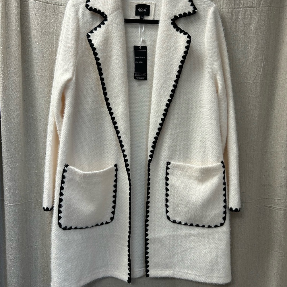 STOOSH / NWT/ Cream Long Coat with Black Trim / sold at Buckle/ S and XL - Picture 2 of 14